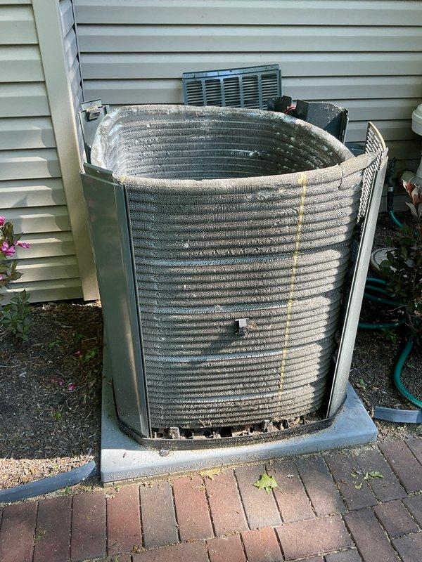Completed comprehensive BFMA tune-up on 8-year-old residential air conditioning system. Performed thorough cleaning of heavily soiled condenser coils which had significant accumulation of dirt, dust, and debris restricting airflow and reducing system efficiency. Changed air filters, inspected all system components, and verified proper operation of outdoor condensing unit to ensure optimal cooling performance for the upcoming season.