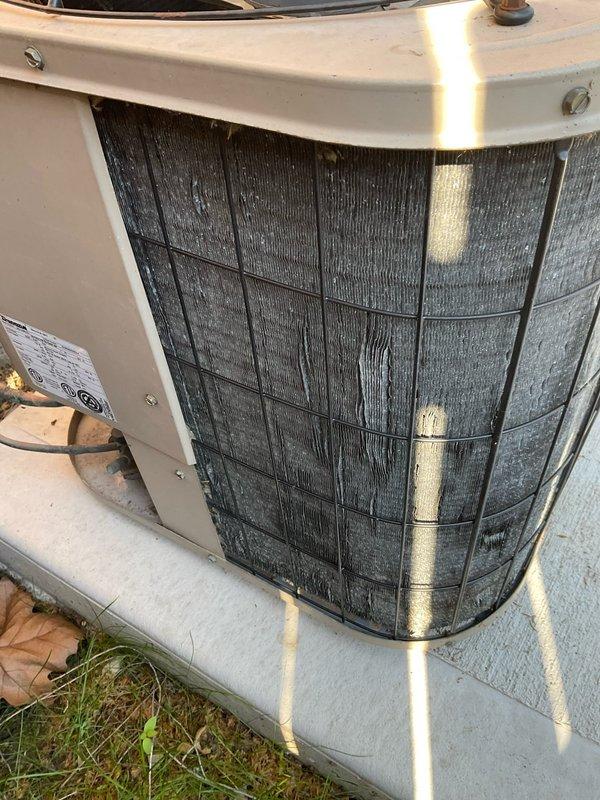 Reinstalled air conditioning condenser unit that was previously disconnected for patio construction. Connected refrigerant lines, performed system pressure testing using manifold gauges and digital diagnostic equipment, and verified proper operation. Unit showed significant dirt accumulation on intake filter from storage period, which will require cleaning or replacement during next scheduled maintenance visit.