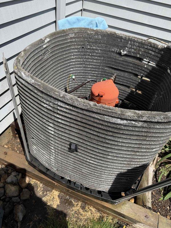 Completed comprehensive BFMA tune-up on 15-year-old residential air conditioning system with unique cylindrical condenser design featuring helical fin arrangement. Performed standard preventive maintenance protocol including inspection of condenser coils, verification of refrigerant levels, electrical component testing, and airflow assessment. Unit operating within normal parameters upon completion, with all safety controls functioning properly and system ready for continued service.