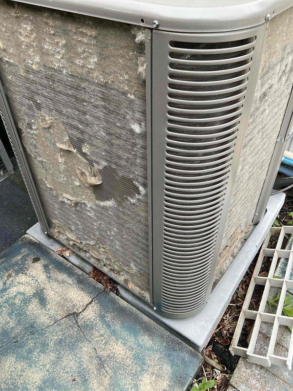 Completed comprehensive BFMA tune-up service on an 8-year-old air conditioning system during scheduled morning appointment. Performed detailed inspection of condenser unit, noting significant exterior weathering and paint deterioration on metal panels, though internal components including capacitor, motor assembly, and electrical connections were found in functional condition. Inspected all wiring harnesses, verified proper electrical connections across multiple circuits, and assessed overall system operation to ensure continued reliability of the unit.