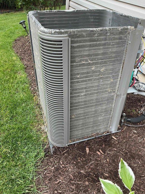 Completed comprehensive BFMA AC tune-up on 8-year-old residential cooling system. Performed standard maintenance protocol including inspection of outdoor condensing unit, condenser coil cleaning to remove debris and dirt accumulation from fins, verification of refrigerant line connections, and electrical component inspection. Unit operational and ready for continued service under recurring maintenance program.