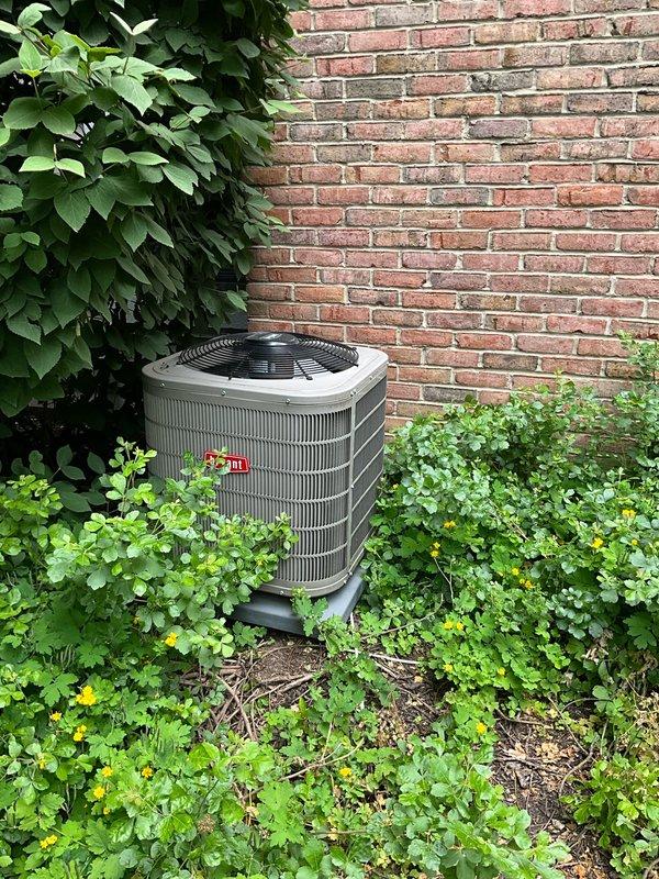 Completed comprehensive BFMA tune-up service on a 4+ year old outdoor air conditioning condenser unit located against the exterior brick wall. Performed standard maintenance procedures including inspection of the condenser coils, protective grille, and louver system, all of which were found to be in clean and well-maintained condition with no visible debris accumulation, rust, or damage. Unit is operating properly with adequate airflow through the horizontal fin assembly and protective components.