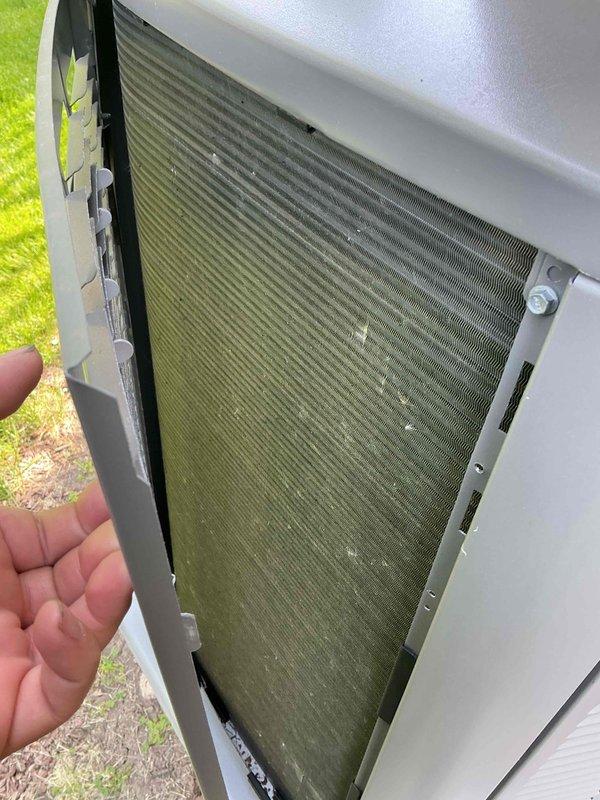 Completed comprehensive BFMA tune-up service on residential air conditioning system. Performed full system inspection and maintenance protocol including evaluation of evaporator coil assembly and outdoor condenser unit. Both air filters showed significant accumulation of dust, dirt, and debris restricting airflow, which were addressed during service. Inspected condenser fins, verified proper operation of all components, and ensured system is functioning within manufacturer specifications for optimal cooling performance and efficiency.