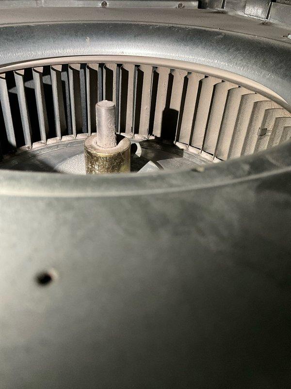 Completed comprehensive BFMA tune-up service on a 10+ year old air conditioning system and dryer vent during morning appointment. Performed thorough inspection of blower assembly, noting accumulated dirt and discoloration on central hub while blades remained in acceptable condition. Conducted standard maintenance procedures including system performance evaluation and dryer vent cleaning to ensure optimal operation.