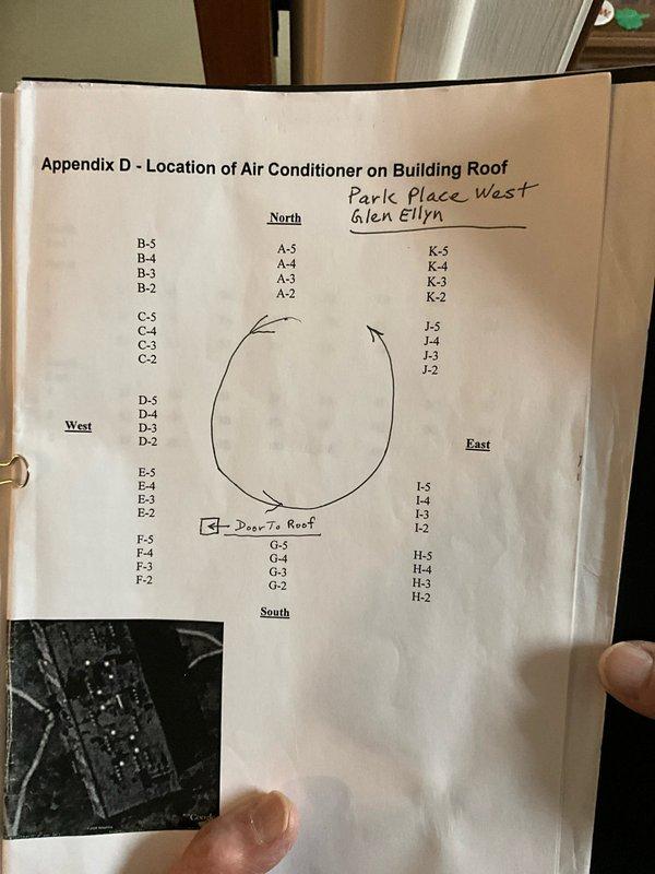 Completed comprehensive BFMA tune-up service on rooftop air conditioning unit at Park Place West facility in Glen Ellyn. Referenced building roof diagram showing AC unit locations labeled with alphanumeric codes (A-2 through K-5) positioned around central roof access point, verified thermostat operation on White Rodgers unit, and discussed equipment replacement considerations with property representative.