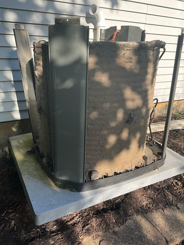 Completed comprehensive BFMA tune-up service on two outdoor HVAC units, both 9-11+ years old, during afternoon appointment window. Upon arrival, discovered both units in severely deteriorated condition with extensive exterior corrosion, rust damage, and compromised structural integrity. First unit exhibited heavy dark staining, possible mold/mildew accumulation, and significant casing discoloration with warped panels. Second unit showed advanced deterioration with large sections of metal housing completely rusted through, jagged edges along top rim, and exposed internal coil structure visible through damaged casing. 

Performed standard tune-up procedures on both systems including inspection of condenser coils (found heavily soiled with accumulated debris), verification of refrigerant levels, electrical connections testing, and condensate drain line evaluation. Documented extensive damage through photographic evidence for customer review. Advised customer of critical safety concerns an