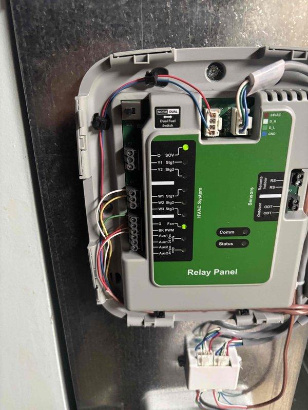 Responded to residential no cooling call. Upon arrival, found HVAC system displaying multiple hard lockout errors on thermostat interface, including Max Protection Hard Lockout Error 18407 and Universal Hard Lockout Error 18108. Inspected relay panel and dual fuel control board for fault diagnosis. Documented system alerts and control board configuration with photos for troubleshooting and repair recommendations.
