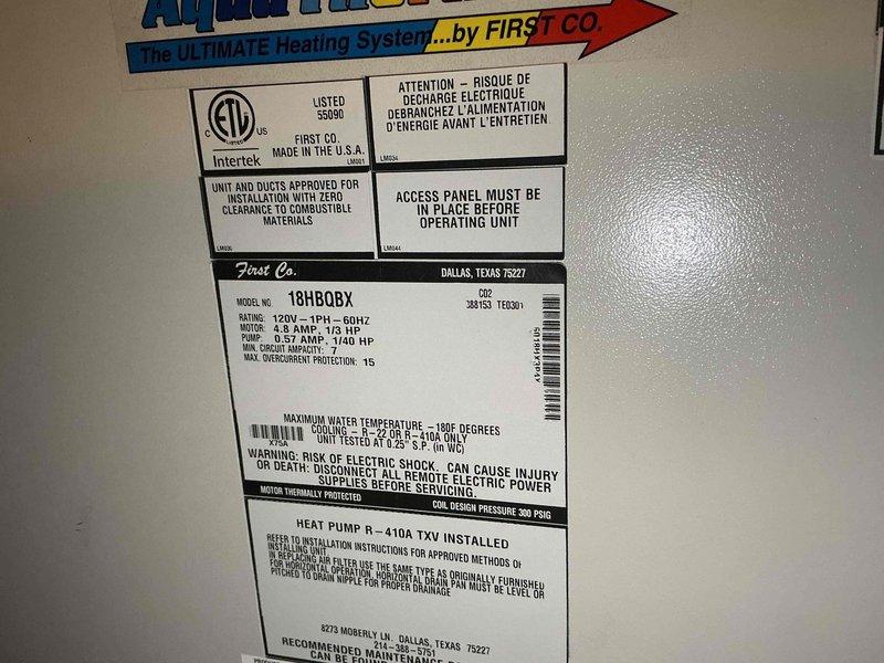 Completed comprehensive BFMA tune-up service on 7-year-old First Co. Aqua Therm heating system (Model 18HBOBX) and air conditioning unit with R-410A refrigerant. Performed standard maintenance procedures including filter inspection, electrical component testing, and system performance verification. Documented significant corrosion and deterioration at water heater connection point where copper piping joins brass fitting and white plastic component, requiring attention to prevent potential leak failure.