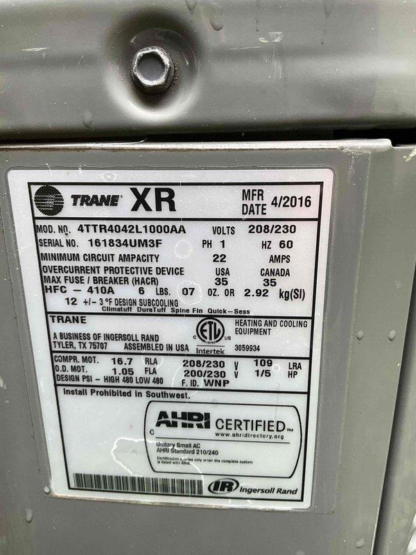 Completed comprehensive BFMA semi-annual tune-up and preventive maintenance on Trane XR model 4TTR4042L1000AA air conditioning system (manufactured 4/2016). Performed standard filter change service, inspected refrigerant lines and ductwork infrastructure, verified all electrical connections and specifications within manufacturer parameters, and confirmed unit operating efficiently with proper refrigerant charge of R-410A.