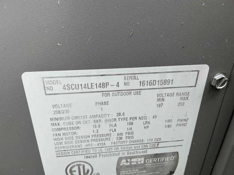 Completed comprehensive BFMA tune-up on a 9-year-old 4SCU14LE148P-4 outdoor condensing unit charged with R-410A refrigerant. Performed full system inspection including verification of manufacturer specifications, visual assessment of compressor condition, examination of heat exchanger coils, and inspection of refrigerant lines and electrical connections. All components operating within normal parameters with no deficiencies noted at time of service.