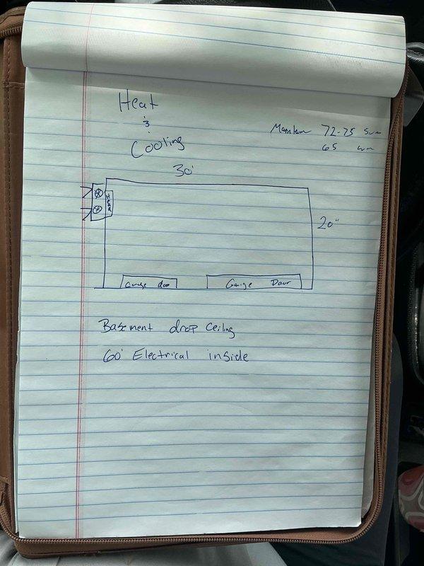 Conducted site assessment for mini split installation in 600 sq ft garage with no existing HVAC system. Evaluated electrical panel capacity, documented garage dimensions and door locations, and determined optimal placement for indoor and outdoor units to provide both heating and cooling capabilities.