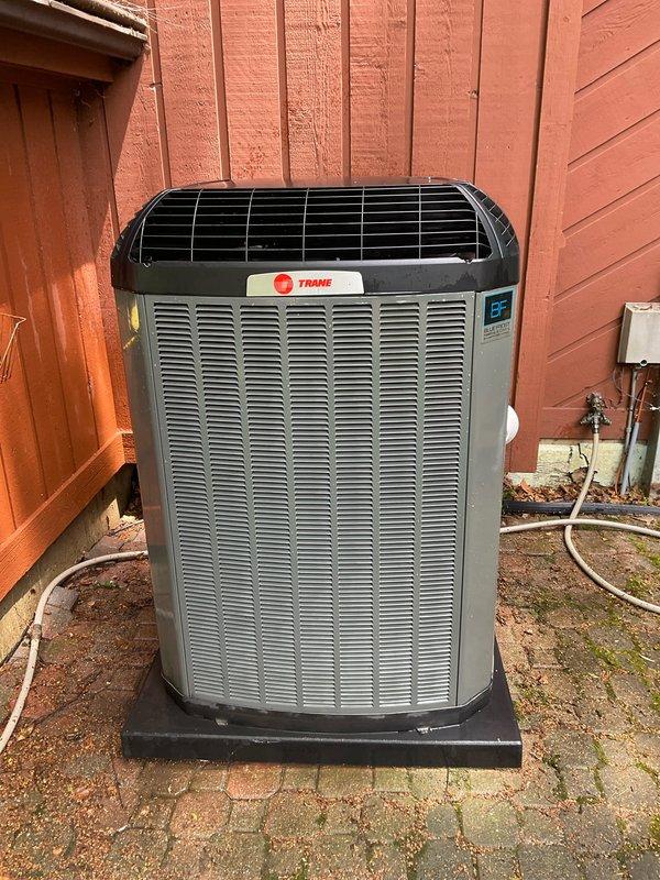 Completed comprehensive BFMA tune-up service on Trane air conditioning system aged 3+ years. Performed standard maintenance protocol including inspection of outdoor condensing unit, verification of refrigerant lines and electrical connections, and replacement of heavily soiled pleated air filter which showed significant dust accumulation. All components operating within normal parameters upon completion of service.