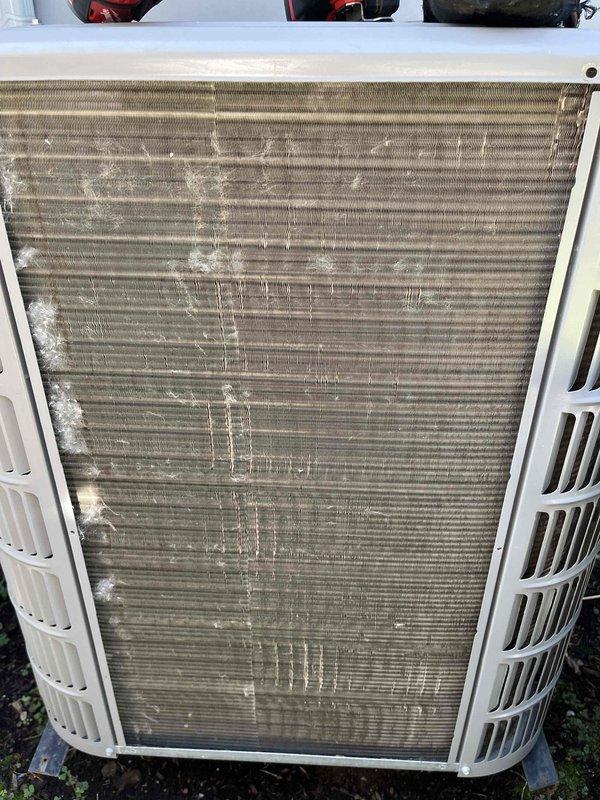 Completed comprehensive BFMA tune-up service on two air conditioning systems, including thorough inspection, performance testing, and semi-annual filter replacement. Condenser coils exhibited significant accumulation of dirt, dust, and debris on heat exchanger fins, which was addressed during maintenance to restore proper airflow and system efficiency. All equipment operational and running within manufacturer specifications upon completion, with service coordinated alongside scheduled plumbing inspection.