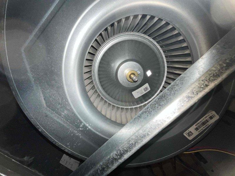 Completed comprehensive BFMA tune-up service on residential HVAC system over one year old, including full air conditioning system inspection and indoor air quality testing. Performed detailed examination of blower wheel assembly and centrifugal fan components, confirming proper operation and blade integrity. Inspected ductwork system and filter housing, documenting condition of filter media and airflow pathway components to ensure optimal system performance and air quality standards.