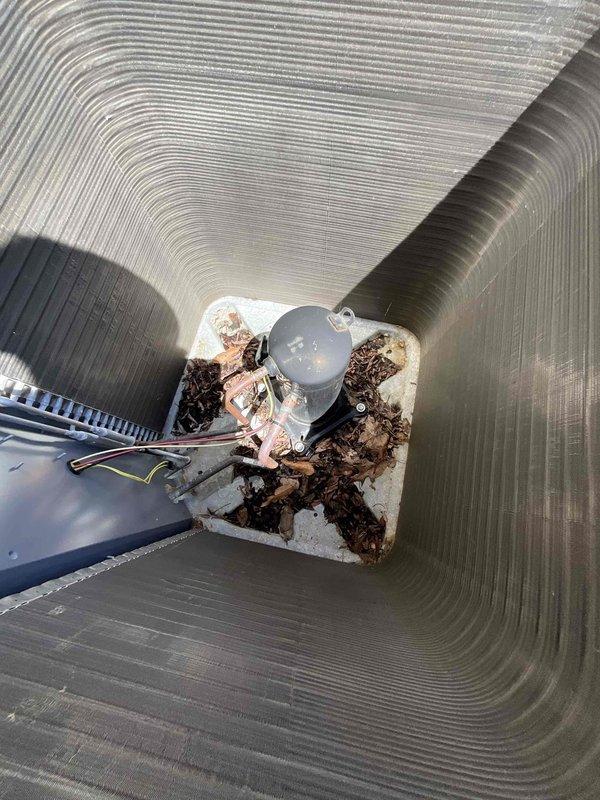 Completed BFMA AC tune-up service on residential air conditioning system. Performed comprehensive inspection of air handler unit, including blower motor assembly and ductwork connections. Observed significant debris accumulation around blower motor housing within the duct system, which was documented. Conducted electrical diagnostics using clamp meter to verify proper amperage draw and system performance on outdoor condensing unit. Verified all refrigerant lines, electrical connections, and mechanical components are functioning within normal operating parameters.