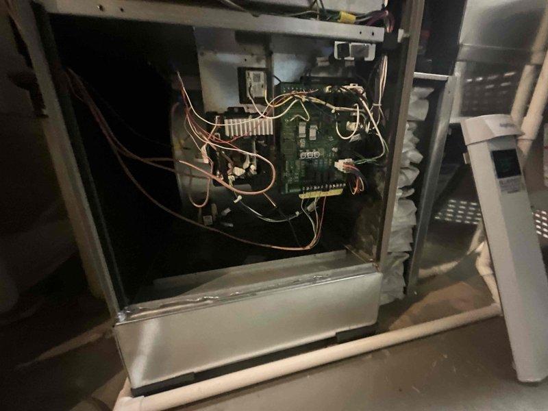 Completed comprehensive air conditioning tune-up service including inspection of HVAC control board, electrical connections, and associated mechanical components. Verified proper operation of system controls, checked all wire terminations and relay functions on the circuit board, and documented equipment condition. All components found operating within normal parameters with no immediate service needs identified.