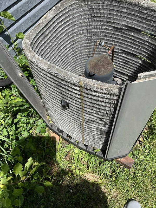 # BFMA Tune Up - Air Conditioning System Maintenance

Performed comprehensive BFMA tune-up service on a 7-year-old residential air conditioning system. Upon arrival, conducted visual inspection of outdoor condensing unit, which revealed significant accumulation of dust, dirt, and debris throughout the condenser coil fins. The coil surfaces displayed heavy buildup settled into the grooves between fins, reducing heat transfer efficiency and restricting airflow.

Noted extensive vegetation growth around and over the outdoor unit, with weeds, vines, and leafy plants encroaching on the equipment. This overgrowth posed risk of reduced airflow, potential damage to components, and decreased system performance.

Removed top panel to access interior components for thorough inspection and cleaning. Cleaned condenser coil assembly using appropriate methods to remove accumulated debris from the spiral-finned surfaces, restoring proper airflow through the heat exchanger. Cleared vegetation from arou
