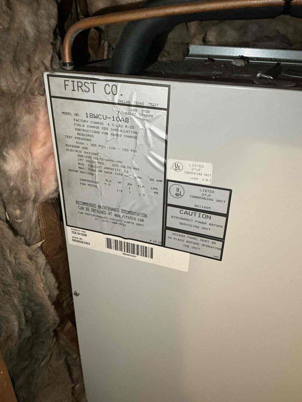 Conducted sales estimate for air conditioning system replacement. Evaluated existing First Co. 16MCU-10AB air handler unit and associated electrical infrastructure, including Square D breaker panel with appropriate amperage ratings for HVAC equipment. Documented current equipment specifications and electrical connections to provide comprehensive replacement proposal for new A/C and coil system.