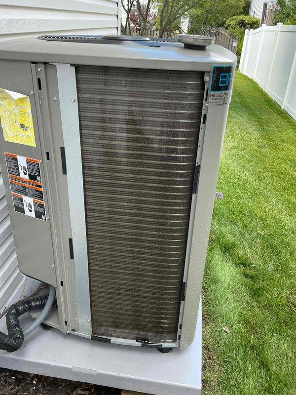 Completed semi-annual BFMA tune-up service on residential air conditioning system approximately 6 months old. Performed comprehensive AC maintenance including system inspection, filter replacement, and operational testing of outdoor condensing unit. Verified proper electrical connections, inspected condenser coils through louvers, and confirmed unit is operating within normal parameters. All components functioning correctly with no issues identified during service visit.