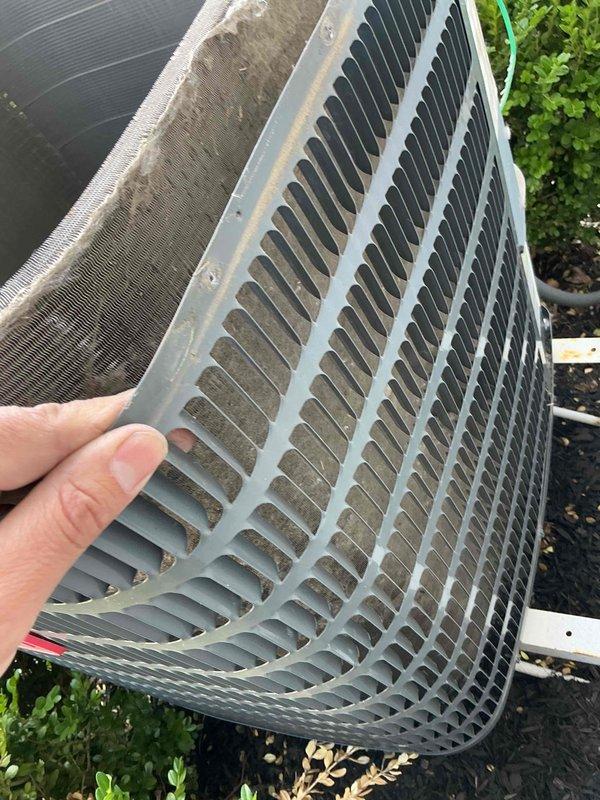 Completed comprehensive BFMA tune-up service on 11+ year old HVAC system, including full AC maintenance and dryer vent cleaning. Removed and cleaned heavily soiled air filter and protective louvered grate, which showed significant accumulation of dirt, dust, and debris that was restricting airflow and reducing system efficiency. Inspected condenser coils, fins, motor assembly, and electrical connections; all components were serviced and unit restored to optimal operating condition.