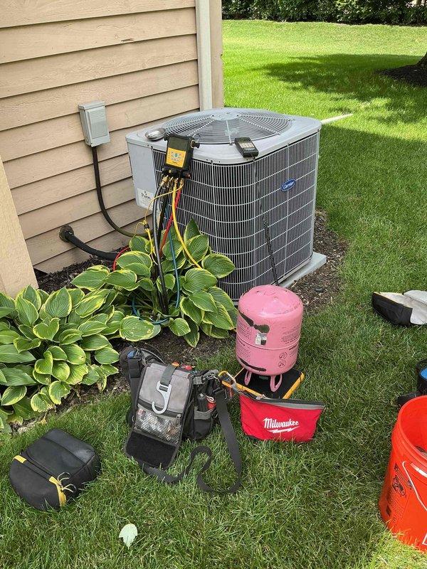 Completed comprehensive BFMA tune-up service on 16+ year old residential air conditioning system during morning appointment window. Performed standard maintenance protocol including inspection of outdoor condensing unit, electrical connections, and refrigerant system components. All equipment tested and verified operational with tools and recovery equipment staged on-site for thorough system evaluation.