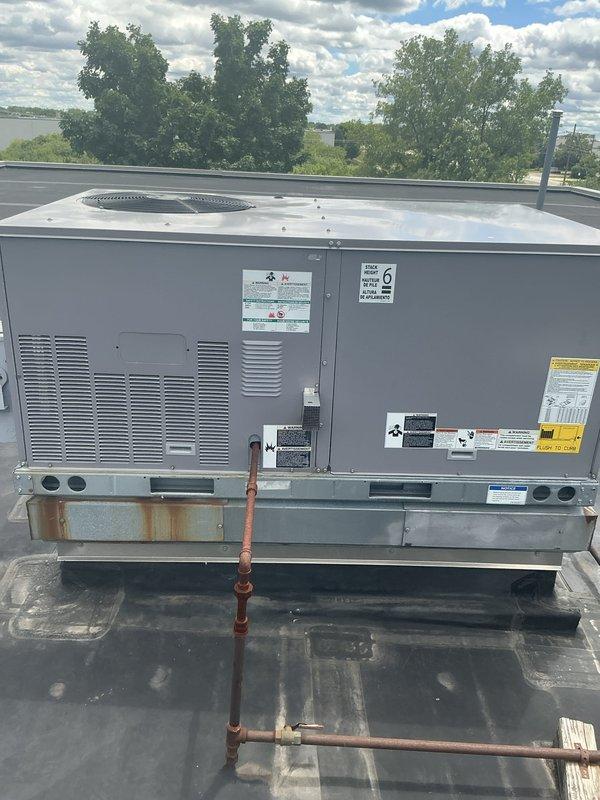 Completed comprehensive BFMA preventive maintenance tune-up on three rooftop units, all approximately 5 years old. Performed full system inspection, cleaned condenser coils, checked refrigerant levels and pressures, tested electrical connections and capacitors, verified thermostat operation, and lubricated all moving components per manufacturer specifications. Replaced air filters on all three units to ensure optimal airflow and system efficiency. All equipment operating within normal parameters upon completion.