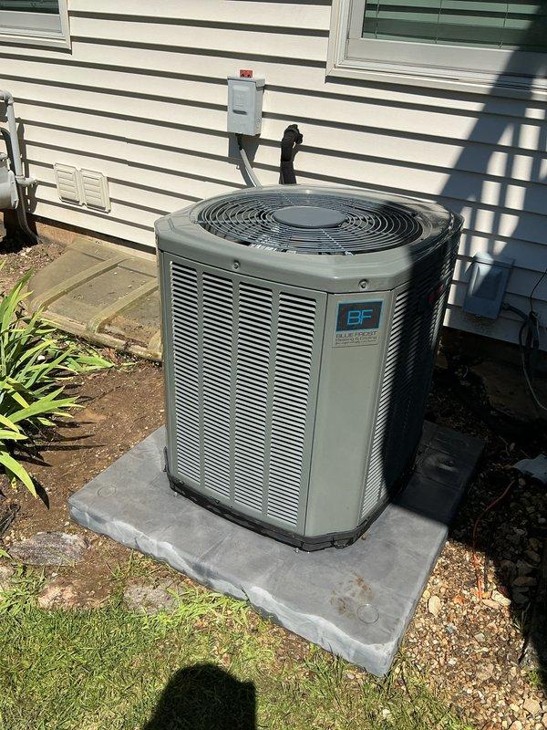 Completed comprehensive BFMA tune-up service on a 7+ year old residential air conditioning system during morning appointment window. Performed standard maintenance protocol including inspection of outdoor condenser unit, verified proper operation of fan motor and compressor, checked refrigerant levels, cleaned condenser coils, and replaced dirty accordion-style pleated air filter at indoor air handler unit. System tested and operating within normal parameters upon completion.