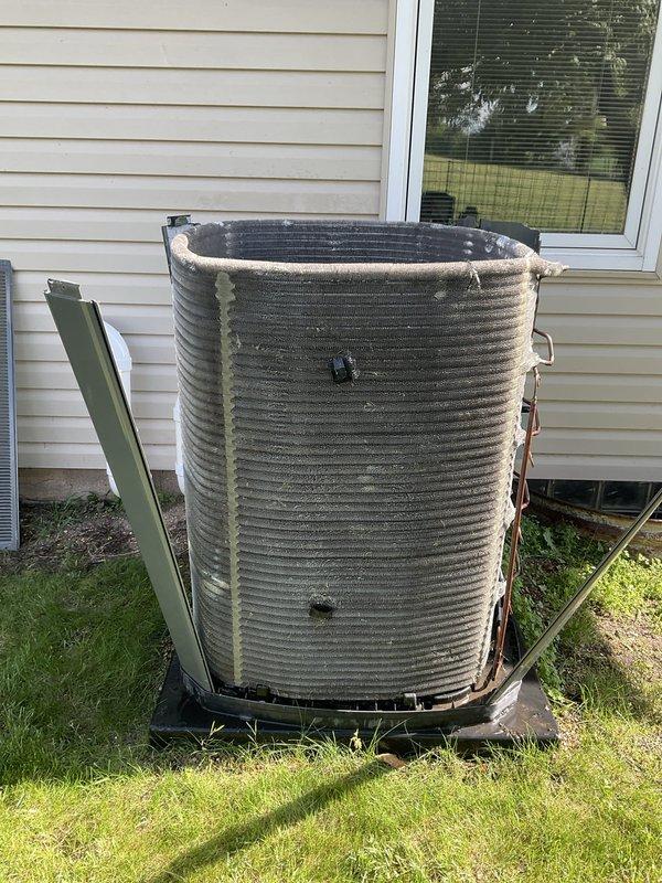 Completed comprehensive BFMA tune-up service on residential air conditioning system aged 3+ years. Performed standard maintenance protocol including inspection of outdoor condenser unit, which showed normal weathering and mineral deposit accumulation on exterior fins, verification of refrigerant line connections, and replacement of dirty air filters with fresh units. System operational and running within normal parameters upon completion.