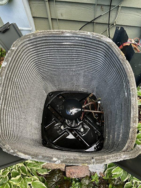 Completed comprehensive BFMA air conditioning tune-up on 9-year-old system, including inspection of outdoor condenser unit and replacement of air filter. Condenser coils showed moderate accumulation of dirt and debris but unit operational; all mechanical components functioning properly with refrigerant lines and electrical connections secure.