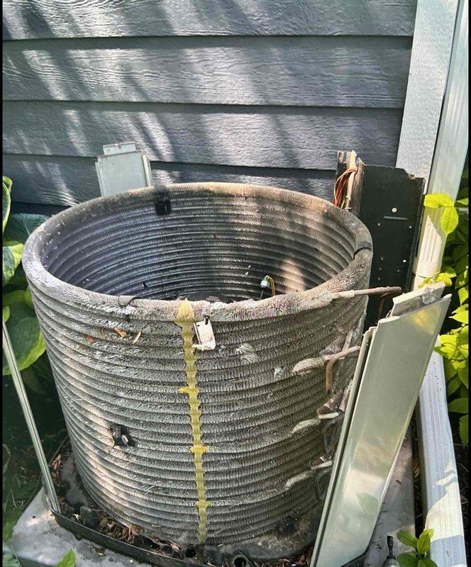 Performed comprehensive BFMA tune-up on 12+ year old residential air conditioning system. Condenser unit exhibited heavy accumulation of dirt, dust, and debris throughout finned coil surfaces, significantly restricting airflow and reducing heat transfer efficiency. Thoroughly cleaned condenser coil to remove contaminants lodged between fins, inspected refrigerant lines and electrical connections, verified proper fan operation, and tested system performance to ensure optimal cooling capacity.