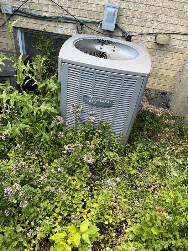 Completed comprehensive BFMA tune-up service on a 4-year-old Armstrong air conditioning system. Performed standard preventive maintenance protocol including inspection of outdoor condensing unit, verification of proper airflow through pleated air filters, and assessment of overall system operation. Noted vegetation growth around condenser unit and confirmed adequate clearance for proper air circulation and heat exchange efficiency.