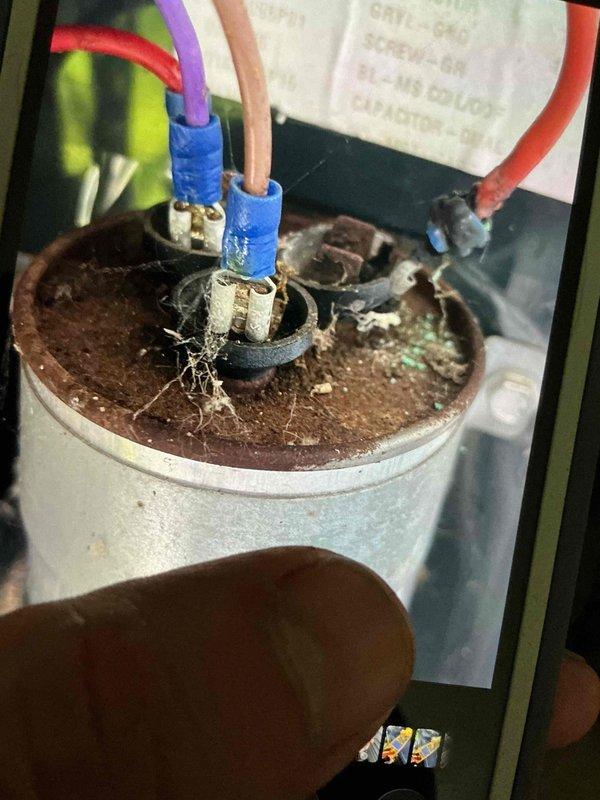 Completed comprehensive BFMA tune-up on 8-year-old HVAC system including full inspection of furnace electrical components, contactors, relays, control boards, and capacitor. Identified significant corrosion and rust accumulation on compressor capacitor terminals and housing, along with debris buildup around electrical connections. Cleaned and serviced all accessible components, tested system operation, and documented equipment condition for ongoing maintenance tracking.