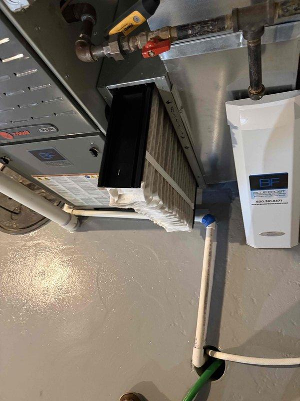 Completed comprehensive BFMA spring tune-up on 12+ year old split system consisting of Bryant furnace/air handler located in basement and Trane outdoor condensing unit. Performed full AC system inspection including refrigerant charge verification, electrical component testing, condenser coil cleaning, and airflow measurements. Installed previously purchased zone sensor Part #ZSENS930AW00MA to enhance temperature control capabilities. Inspected and cleaned indoor evaporator coil, replaced air filter, verified proper condensate drain operation, and tested thermostat functionality. Outdoor unit showed normal operating pressures and temperatures for ambient conditions. All electrical connections were tight, capacitor readings within specifications, and contactor operation satisfactory. System cycling properly with no refrigerant leaks detected. Reviewed system performance with homeowner and confirmed both zones operating efficiently. Equipment running at optimal performance levels for age 