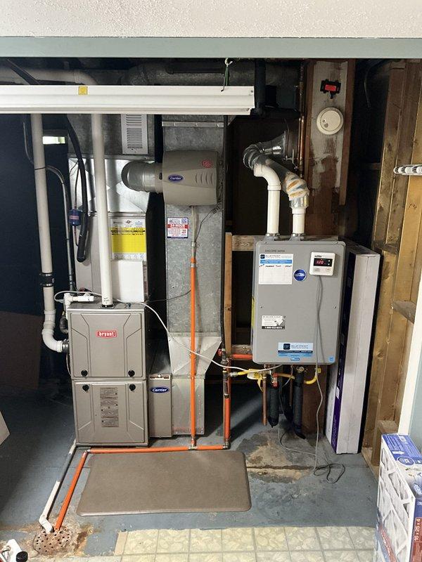 Performed comprehensive tankless water heater maintenance flush on wall-mounted unit in basement mechanical room. Isolated unit from water supply, drained system, and circulated manufacturer-approved descaling solution through heat exchanger to remove mineral buildup and scale deposits. Thoroughly flushed cleaning solution from system, restored water supply to unit and residence, and conducted operational testing to verify proper function and confirm no leaks at connection points.