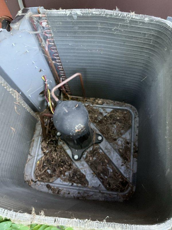 Completed comprehensive BFMA tune-up on 8+ year old outdoor air conditioning unit. Performed thorough inspection of all major components including compressor, condenser coil assembly, refrigerant lines, and electrical connections. Cleaned heavily soiled base pan which contained significant accumulation of dirt, leaves, and organic debris. Inspected cylindrical finned condenser coil which showed dirt and debris buildup on fin surfaces. Verified proper operation of compressor, checked copper refrigerant line connections, and inspected electrical junction box and wiring. System operational upon completion of maintenance service.