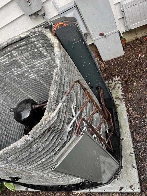 Completed comprehensive BFMA tune-up service on 10-year-old air conditioning system, including full system inspection, performance testing, and preventive maintenance procedures. Observed significant dust and debris accumulation on outdoor condenser unit fins and interior ductwork surfaces, indicating need for future cleaning to maintain optimal airflow and system efficiency. Performed semi-annual filter change with 20x25x5 filter replacement and documented equipment condition through photographic records for maintenance tracking purposes.
