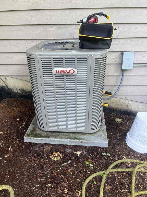 Completed comprehensive BFMA tune-up service on 4-year-old Lennox outdoor condensing unit. Upon inspection, discovered heavily soiled condenser coil with significant accumulation of dust, lint, and debris obstructing airflow and reducing heat transfer efficiency. Performed thorough coil cleaning to restore optimal performance, inspected refrigerant lines and electrical connections, verified proper operation of all components, and ensured unit was functioning within manufacturer specifications.