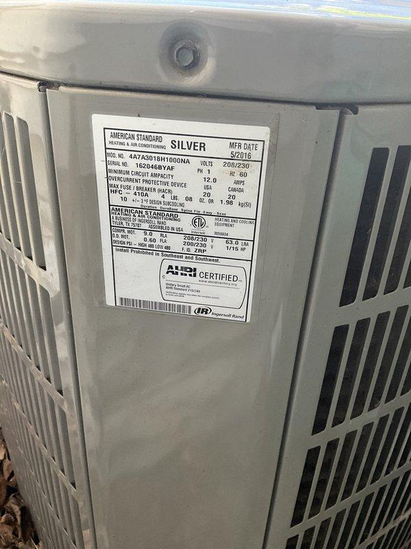 Responded to no cooling condition affecting upstairs zone while remainder of home maintained proper temperature. Inspected American Standard Silver series outdoor condensing unit (Model 4A7A3018H1100NA, 208/230V) and verified unit operational status. Reviewed ecobee smart thermostat settings displaying 88°F ambient temperature with setpoint of 72°F and 67% humidity reading. Diagnosed zoning system issue preventing adequate airflow and cooling delivery to upper level. Restored proper system operation and verified temperature recovery at thermostat.