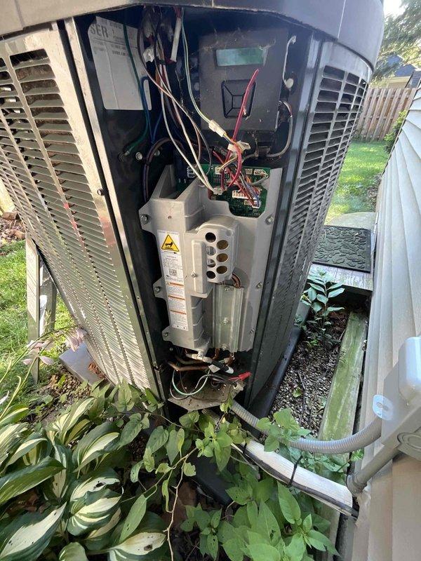 Completed comprehensive BFMA tune-up service on 7-year-old residential HVAC system, including full air conditioning inspection and preventive maintenance. Replaced pleated air filter in air handler unit and performed detailed inspection of outdoor condensing unit, accessing internal components including compressor, electrical connections, and heat exchanger coils to verify proper operation and system efficiency.