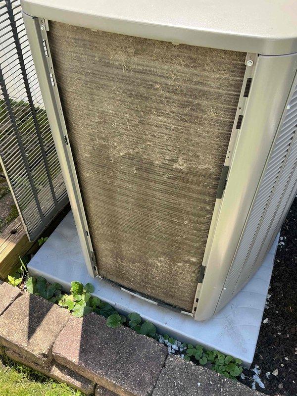 Completed comprehensive BFMA tune-up on 1-year-old Lennox air conditioning system. Performed full system inspection, cleaned condenser coils, checked refrigerant levels, tested electrical connections, and verified proper airflow. Noted heavily soiled air filter with significant dust and debris accumulation; filter requires replacement to restore optimal system performance and prevent reduced efficiency.
