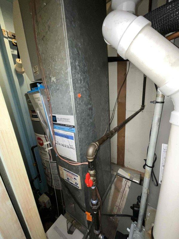 Responded to service call for loud noise complaint from air conditioning system. Upon arrival, performed thorough inspection of HVAC equipment located in mechanical closet, including air handler unit, ductwork connections, and associated plumbing components. Examined all accessible mechanical systems, checked for loose components, verified proper mounting and support of ductwork and piping, and assessed overall system condition. Unit operational at time of departure with no abnormal sounds detected during inspection.