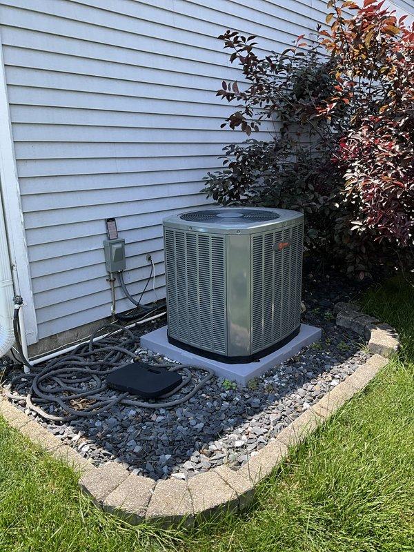 Completed comprehensive BFMA tune-up on 10-month-old residential HVAC system, including full AC service and semi-annual filter change. Replaced pleated air filter at indoor air handler unit, inspected outdoor condenser unit for proper operation, verified refrigerant levels, checked electrical connections, and confirmed system performance. All components operating within manufacturer specifications with no issues identified.