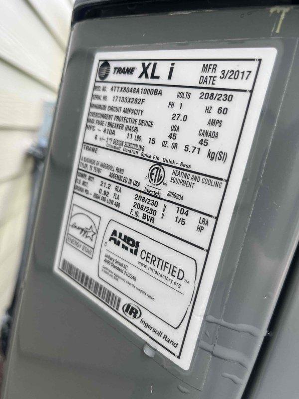 Completed comprehensive BFMA tune-up on a 2017 Trane XL i air conditioning system, model 4TTX0048A1000BA, 4-ton capacity unit with 208/230V electrical specifications. Performed standard maintenance procedures including system inspection, verified proper operation of all components, and inspected air filter which was found to be in clean condition with no replacement needed. All equipment specifications were verified against manufacturer nameplate data, and unit was confirmed to be operating within normal parameters.