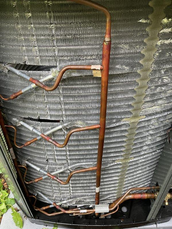 Completed comprehensive BFMA tune-up service on three AC units, including thorough inspection of evaporator coils, refrigerant lines, and heat exchanger components. Performed semi-annual filter changes, replacing 20x25x5 and 16x25x5 filters as part of recurring maintenance program. All copper refrigerant lines, coil assemblies, and connections inspected and found operational with normal wear patterns consistent with outdoor installation; systems tested and confirmed functioning properly.