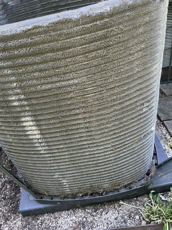 Completed comprehensive BFMA tune-up on 4-year-old air conditioning system during morning service call. Performed standard maintenance protocol including inspection of condenser coil which showed significant accumulation of dust and debris on cylindrical fins, requiring thorough cleaning. Replaced dirty air filter with visible dust buildup to restore proper airflow and system efficiency.
