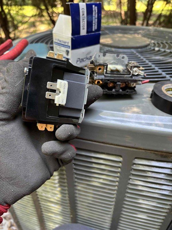 Responded to no cooling complaint on third floor rooftop unit. Upon inspection, found failed contactor preventing compressor operation. Removed defective contactor and installed new replacement contactor from truck stock. Also replaced hard start kit to ensure reliable compressor starting and protect against future failures. Verified all electrical connections secure, tested system operation, and confirmed unit cooling properly before clearing service call.