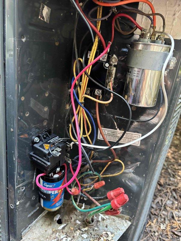 Responded to no cooling complaint on third floor rooftop unit. Upon inspection, found failed contactor preventing compressor operation. Removed defective contactor and installed new replacement contactor from truck stock. Also replaced hard start kit to ensure reliable compressor starting and protect against future failures. Verified all electrical connections secure, tested system operation, and confirmed unit cooling properly before clearing service call.