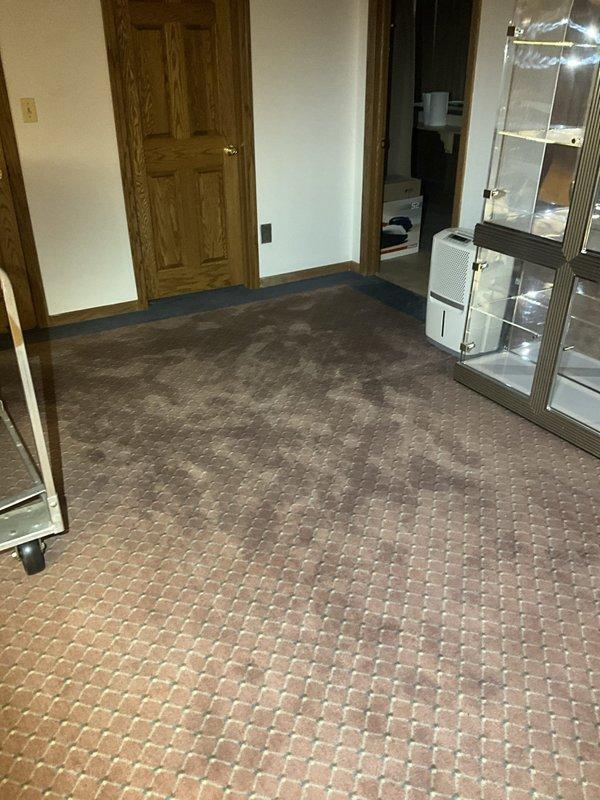 Responded to emergency call for significant water pooling in basement near furnace room. Upon arrival, discovered water intrusion affecting carpeted area with visible dark staining and saturation. Inspected both existing sump pump systems that had been recently serviced. Observed standing water accumulation indicating drainage system failure or inadequate pumping capacity. Deployed portable dehumidification equipment to mitigate moisture damage and prevent mold growth. Assessed crawl space access point and HVAC area for additional water infiltration. Documented extensive carpet water damage in main basement area and moisture conditions throughout affected zones. Recommended immediate water extraction, evaluation of sump pump discharge lines, and verification of pump float switch operation to prevent future flooding incidents.