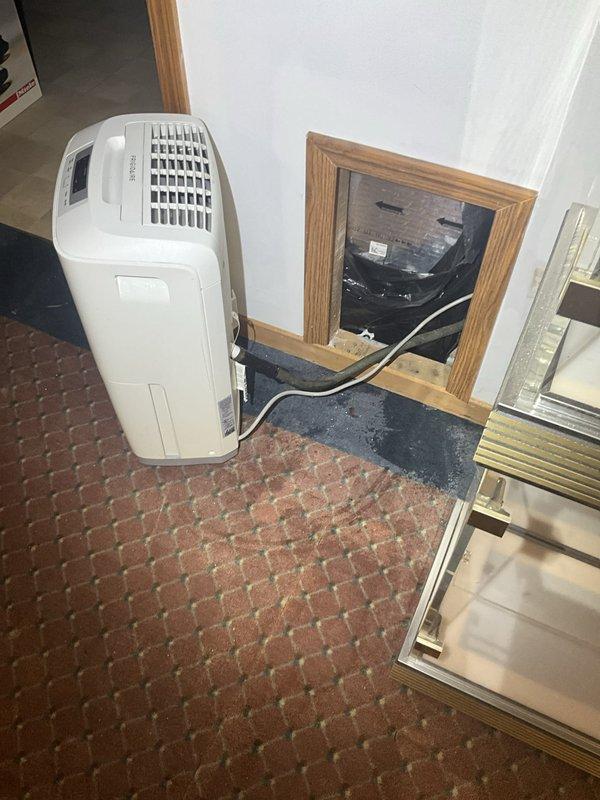 Responded to emergency call for significant water pooling in basement near furnace room. Upon arrival, discovered water intrusion affecting carpeted area with visible dark staining and saturation. Inspected both existing sump pump systems that had been recently serviced. Observed standing water accumulation indicating drainage system failure or inadequate pumping capacity. Deployed portable dehumidification equipment to mitigate moisture damage and prevent mold growth. Assessed crawl space access point and HVAC area for additional water infiltration. Documented extensive carpet water damage in main basement area and moisture conditions throughout affected zones. Recommended immediate water extraction, evaluation of sump pump discharge lines, and verification of pump float switch operation to prevent future flooding incidents.