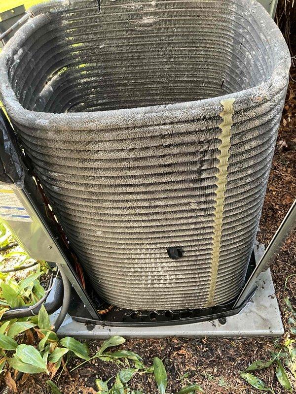 Completed comprehensive BFMA tune-up on 8-year-old residential air conditioning system, including full system inspection, filter replacement, and condenser coil evaluation. Noted significant dust and debris accumulation on condenser coil fins requiring attention to maintain optimal heat transfer efficiency. All routine maintenance procedures performed per manufacturer specifications, with system operational and ready for cooling season.